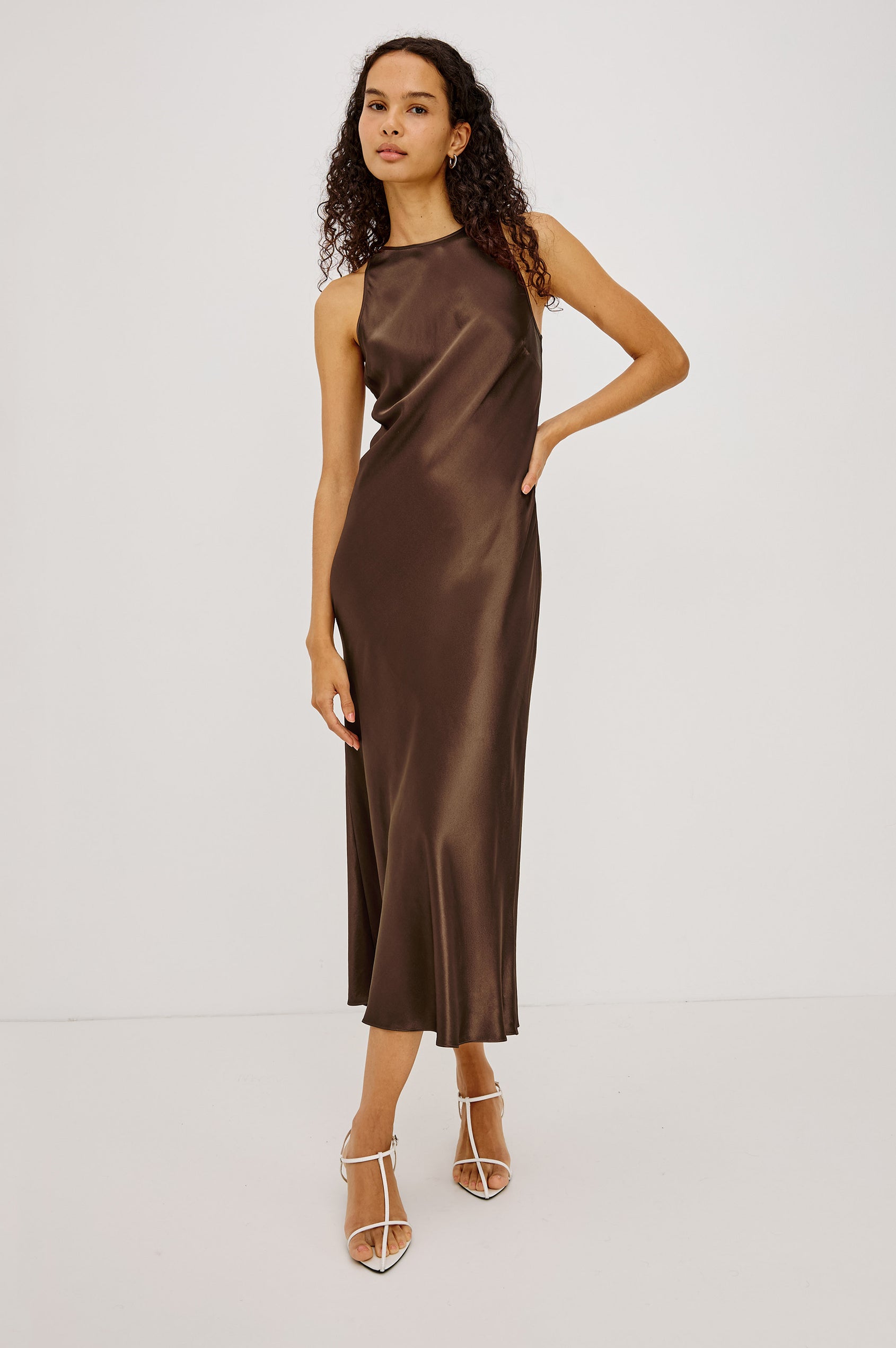 Solene Midi Dress in Satin-Back Crepe With Jewel Neck, and Back Keyhole With Self-Tie in Espresso Colorway - Full Body Front View Featured on Model