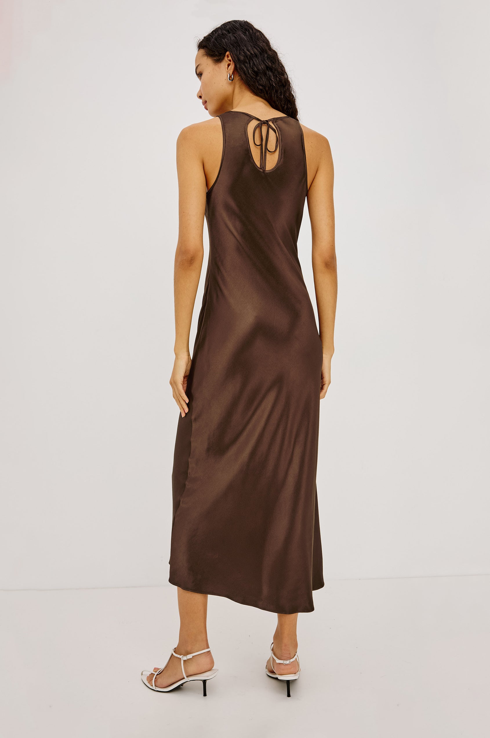 Solene Midi Dress in Satin-Back Crepe With Jewel Neck, and Back Keyhole With Self-Tie in Espresso Colorway - Full Body Back View Featured on Model
