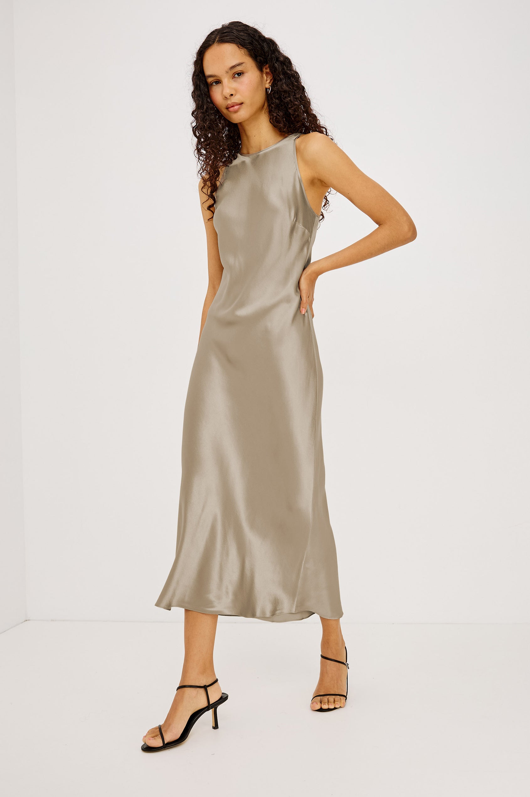 Solene Midi Dress in Satin-Back Crepe With Jewel Neck, and Back Keyhole With Self-Tie in Espresso Colorway - Full Body Front View Featured on Model
