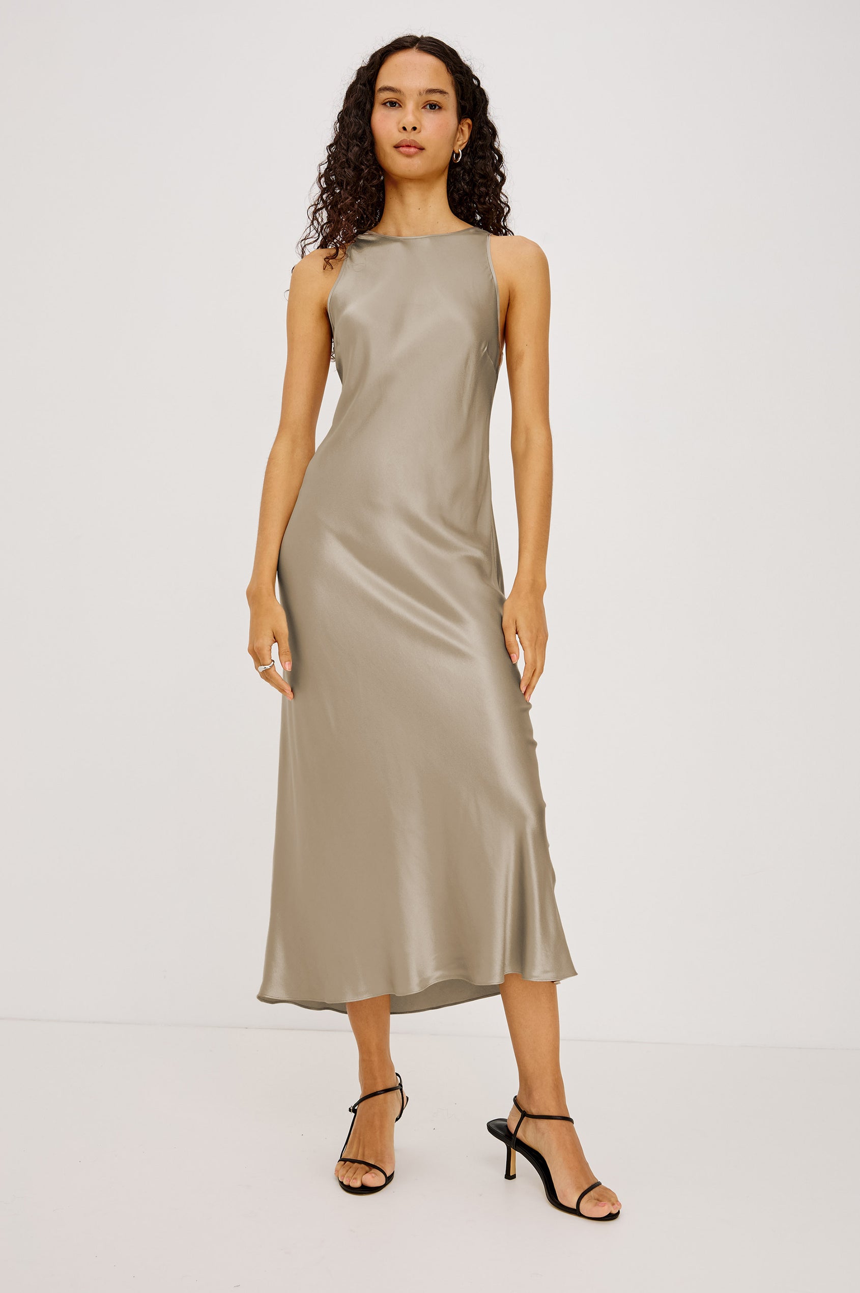 Solene Midi Dress in Satin-Back Crepe With Jewel Neck, and Back Keyhole With Self-Tie in Espresso Colorway - Full Body Front View Featured on Model