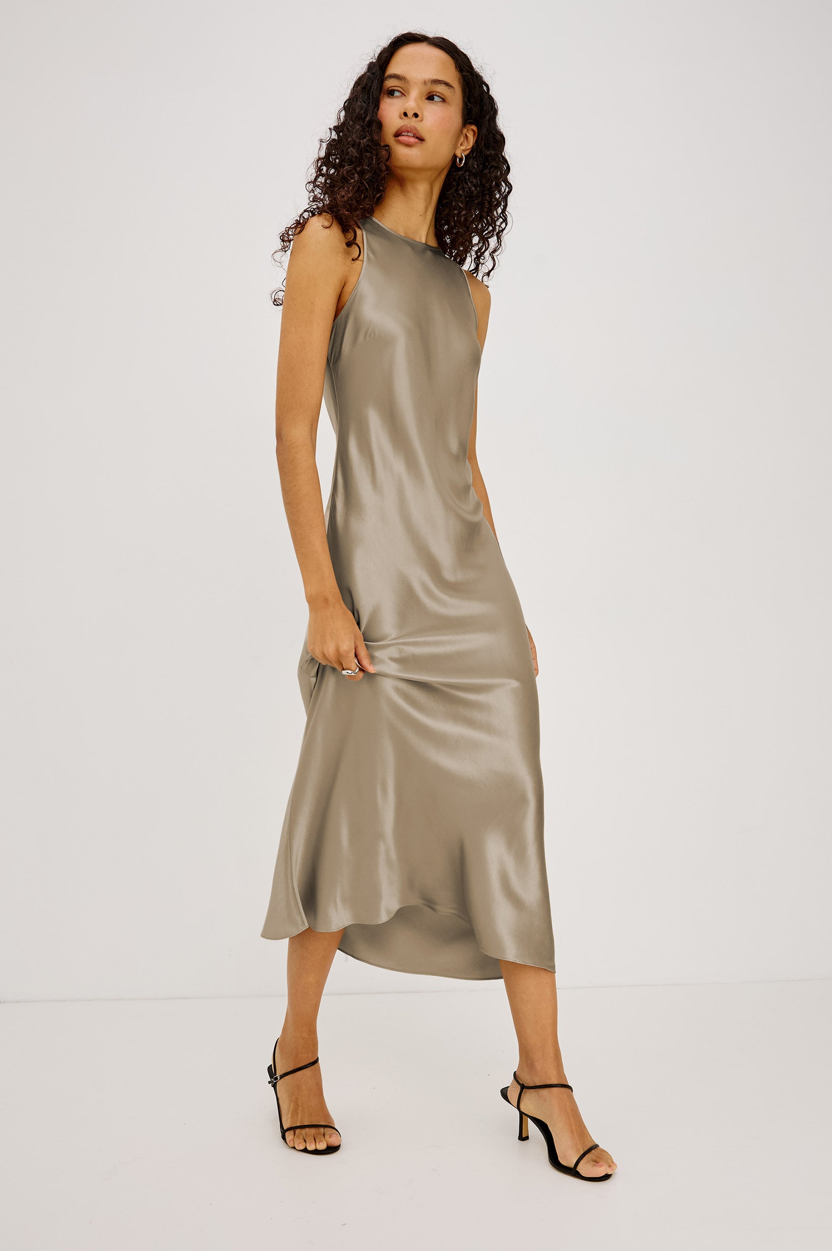 Solene Midi Dress in Satin-Back Crepe With Jewel Neck, and Back Keyhole With Self-Tie in Espresso Colorway - Full Body Front View Featured on Model