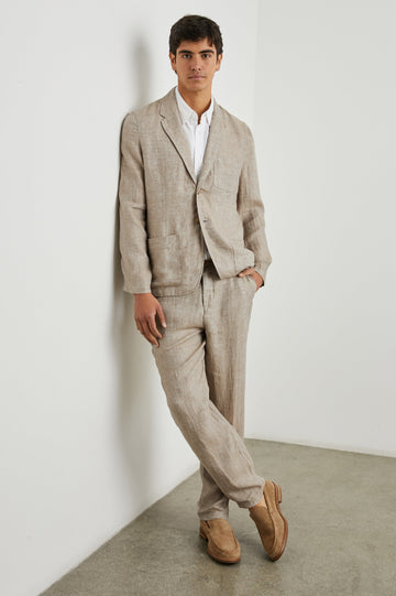 Sorrento Blazer with Two Button Closure, Two Front Flap Pockets, a Chest Patch Pocket and Three-Button Cuffs in Bulgur Colorway - Front Full Body View Featured on Model