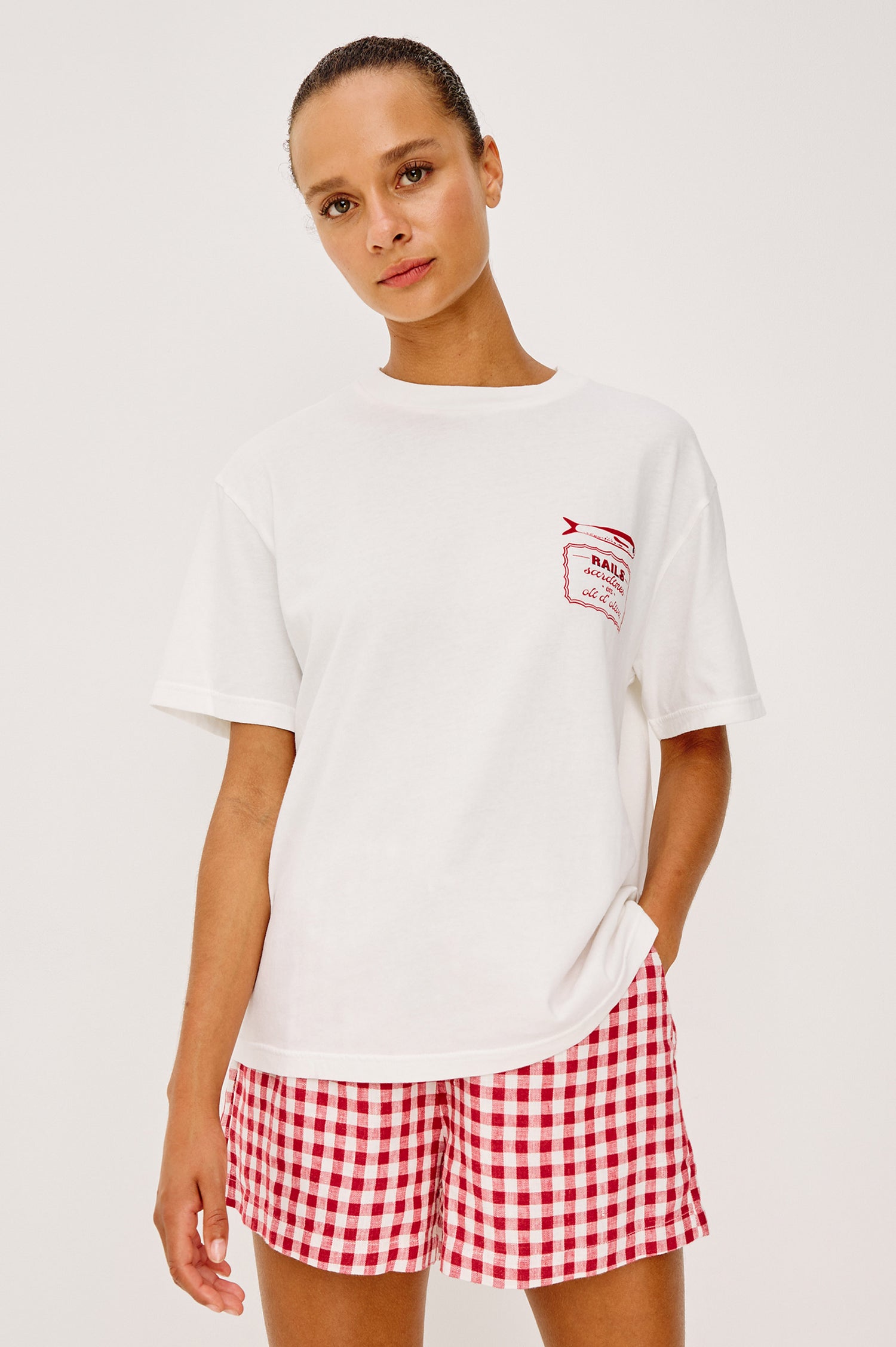 Souvenir Tee in Vintage Cotton With Crew Neckline, Loose Fit, and Short Sleeves in Sardines Colorway - Upper Body Front View Featured on Model