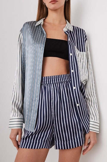 Spencer Long-Sleeve Button Up with Chest Patch Pocket in Kent Multi Stripe Colorway, Patches of different colored vertical and horizontal stripes in blue and whites - Front Unbuttoned View Featured on Model