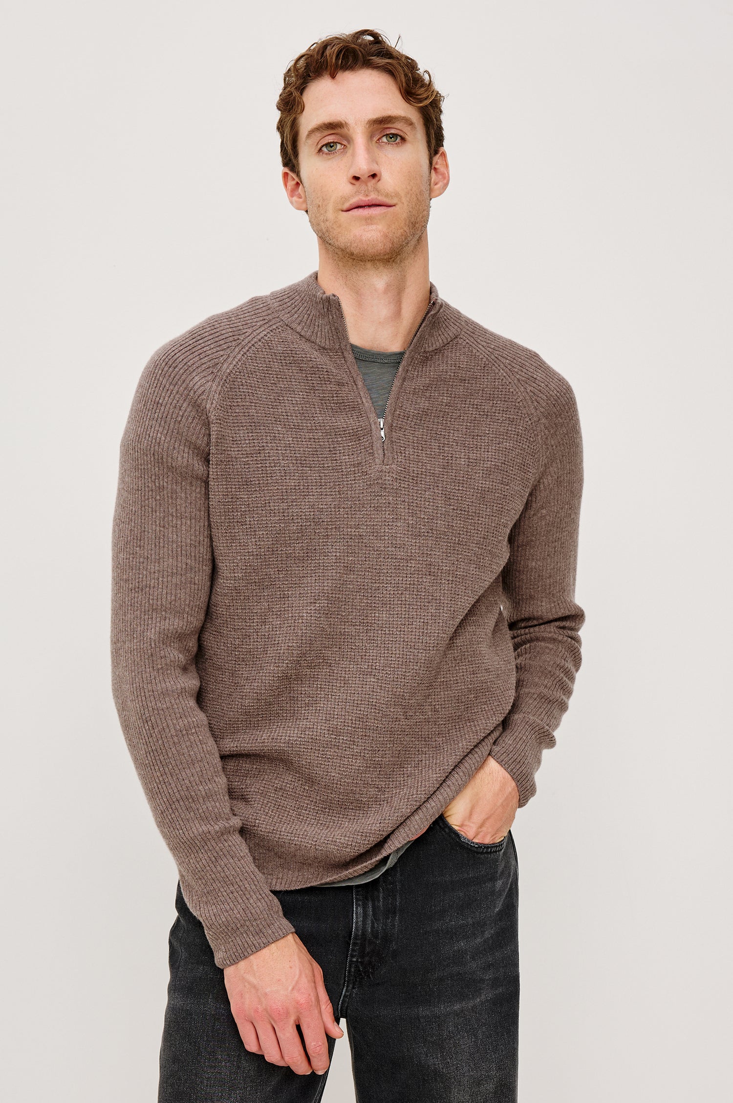 Stark Quarter Zip Sweater in Wool With Mock Neck, Long Sleeves, and Ribbed Trim in Brown Melange Colorway - Upper Body Front View Featured on Model