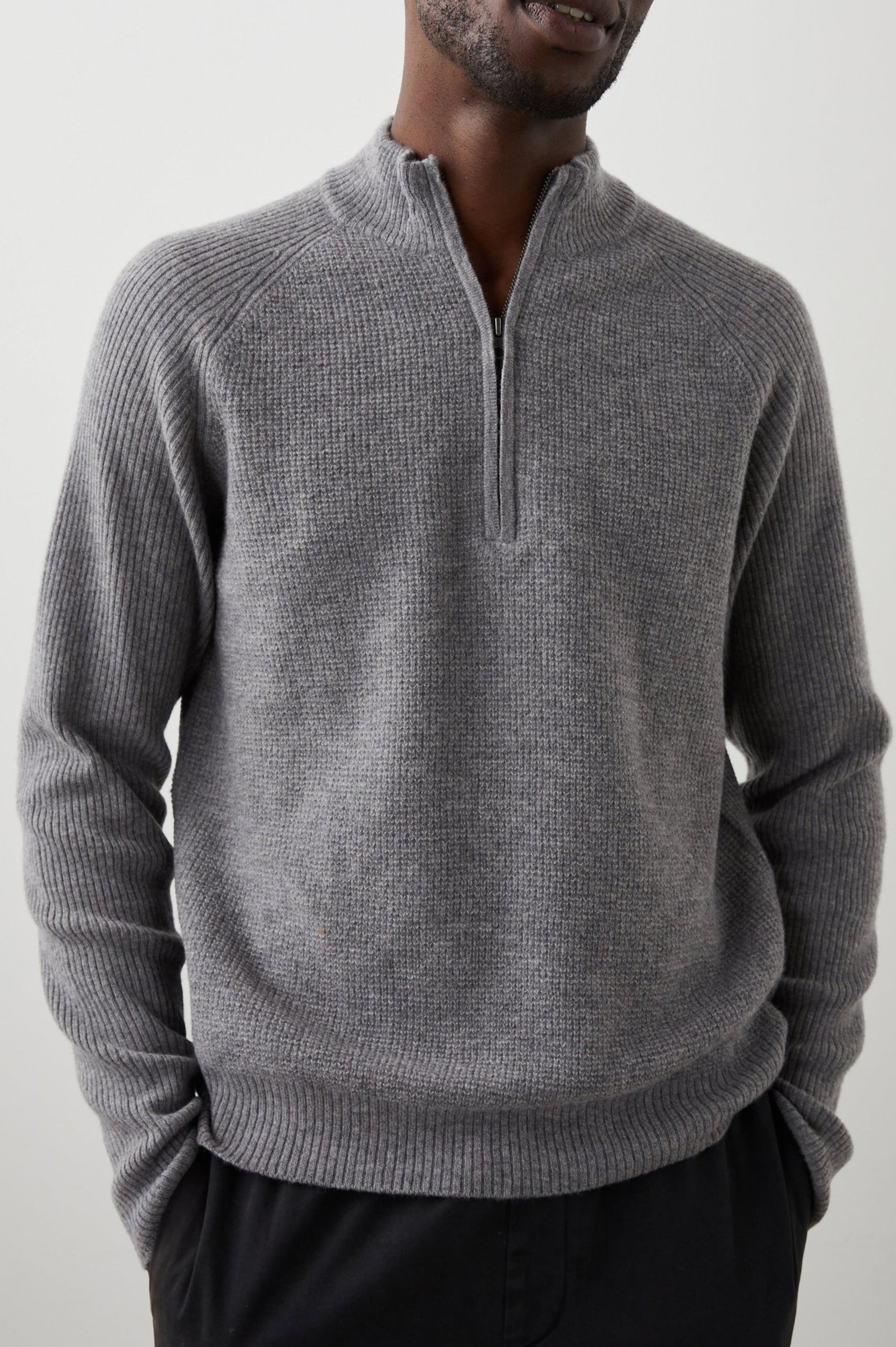 Stark Long-Sleeve Quarter Zip with a Mock Neck, Waffle Torso, and Ribbed Sleeves in Finch Colorway - Front View Featured on Model
