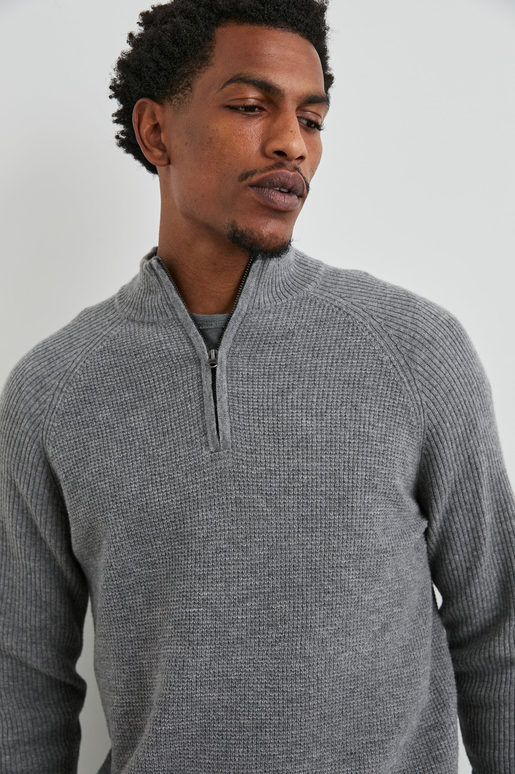 Stark Long-Sleeve Quarter Zip with a Mock Neck, Waffle Torso, and Ribbed Sleeves in Finch Colorway - Front View Featured on Model