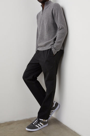 Stark Long-Sleeve Quarter Zip with a Mock Neck, Waffle Torso, and Ribbed Sleeves in Finch Colorway - Front Full Body View Featured on Model