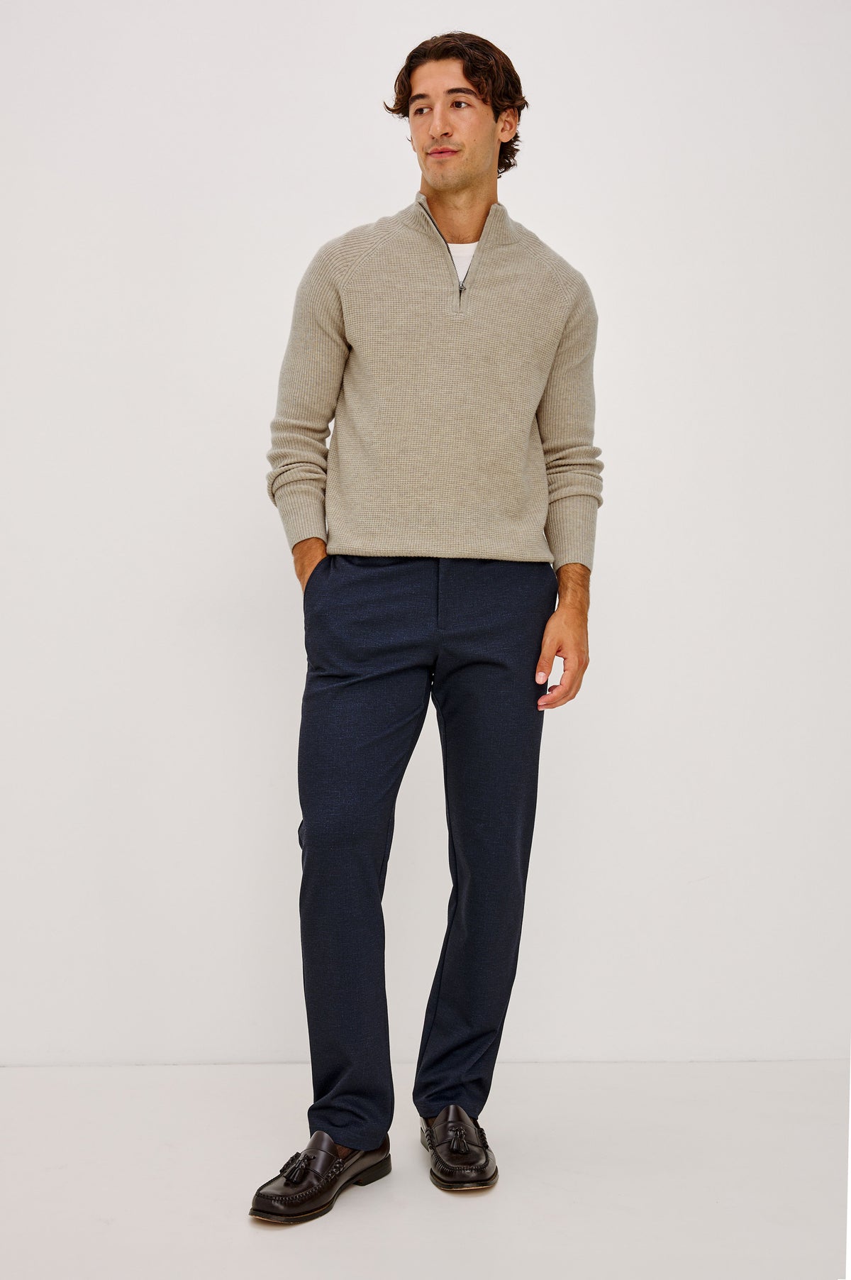 Stark Sweater in Waffle Knit With Quarter-Zip Placket, Mock Neck Collar, and Long Sleeves in Oat Melange Colorway - Full Body Front View Featured on Model.