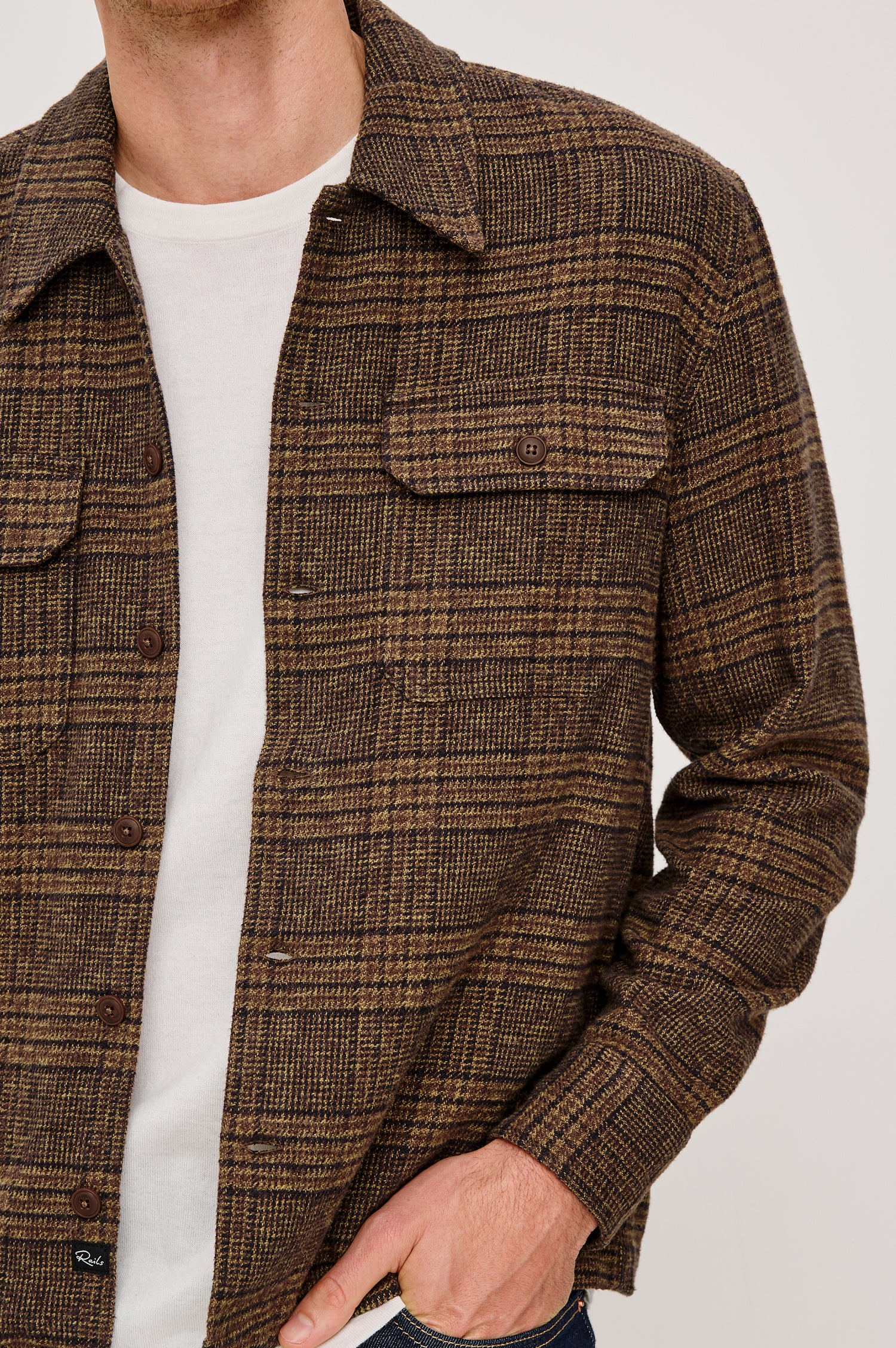 Stellan Shirt Jacket in Heavy Brushed Cotton With Collar, Front Buttons, Chest Flap Pockets, and Long Sleeves in Darkwood Colorway - Upper Body Front Close Up View Featured on Model