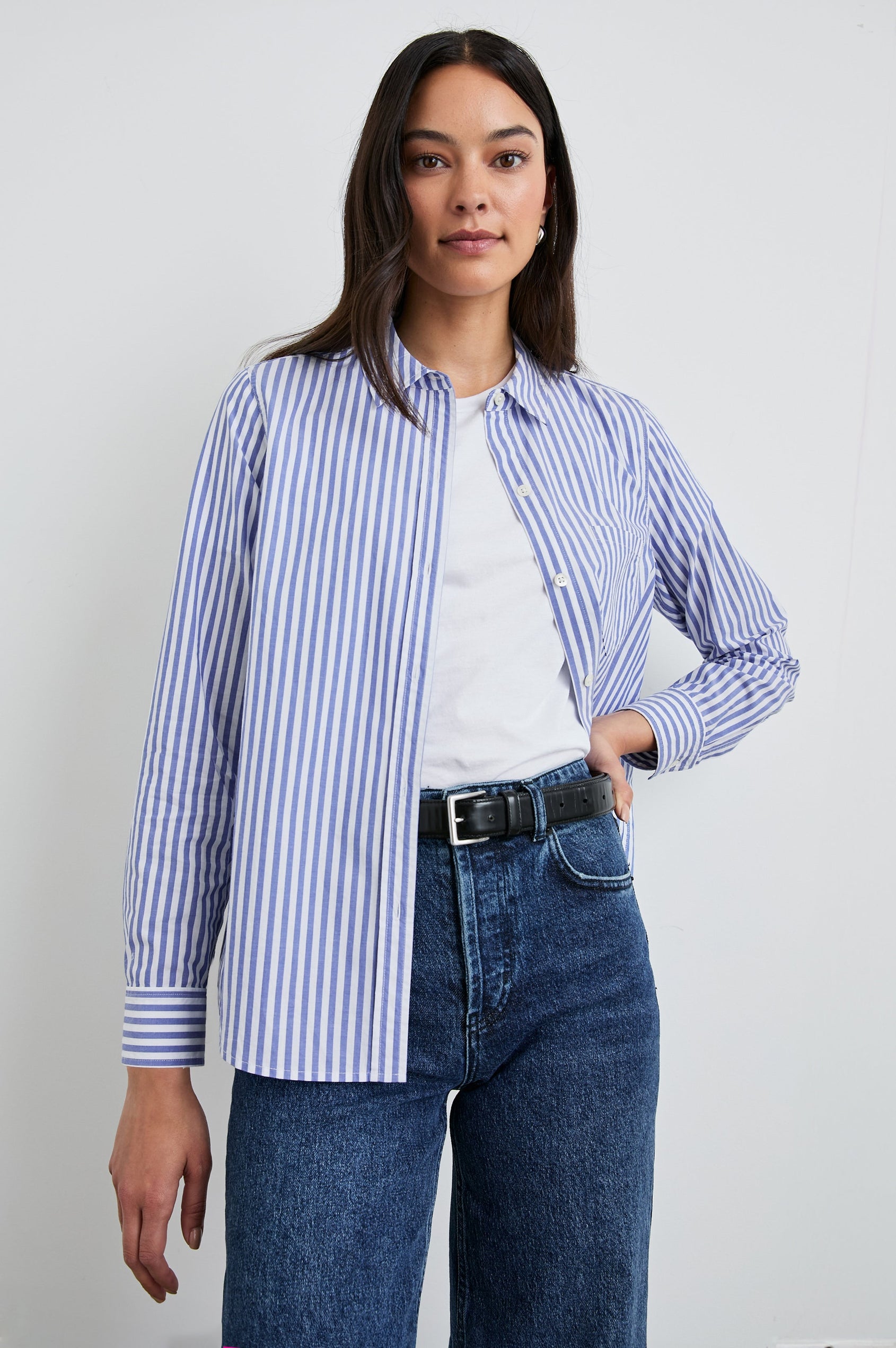 Stina Long-Sleeve Button Up with a Chest Patch Pocket in Mariner White Stripe Colorway, White and Blue Vertical Stripes - Front Unbuttoned View Featured on Model