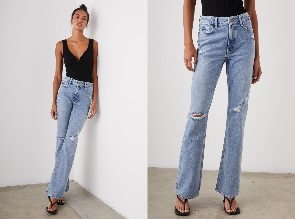 TWO SIDE BY SIDE IMAGES. FIRST IMAGE IS FRONT FULL BODY IMAGE OF MODEL WEARING SUNSET SLIM FLARE JEAN IN BLUEBELL DISTRESS. SECOND IMAGE IS FRONT SHOT OF SUNSET SLIM FLARE JEANS IN BLUEBELL DISTRESS. 