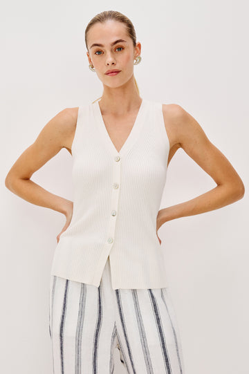 Tatia V-Neck Button Front Vest in Ecru Colorway. Front View Shown on Model.