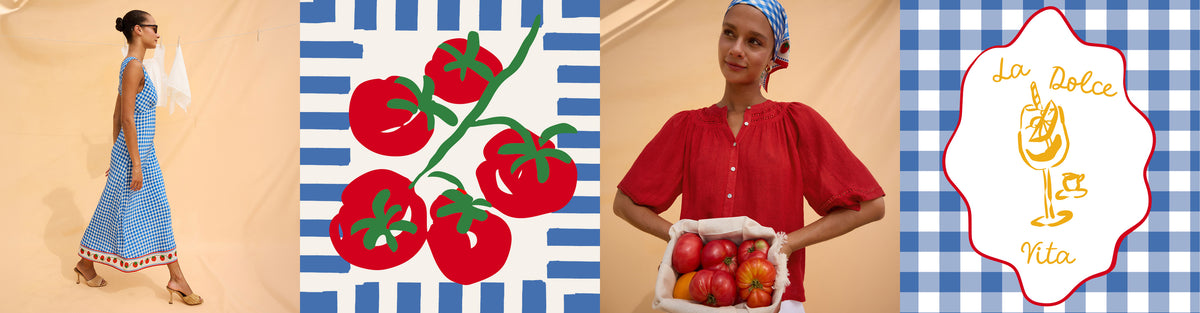 Collage of four images: a woman in a blue dress, tomatoes on a striped background, a person holding fruits, and a logo with text.