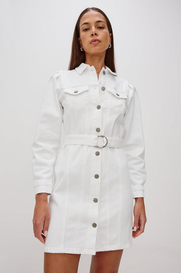Griffith Denim Shirt Dress with Puff Shoulder Long Sleeves, Self Belt with Metal D-Rings and Chest Flap Pockets in Salt White Colorway. Front View Shown on Model.