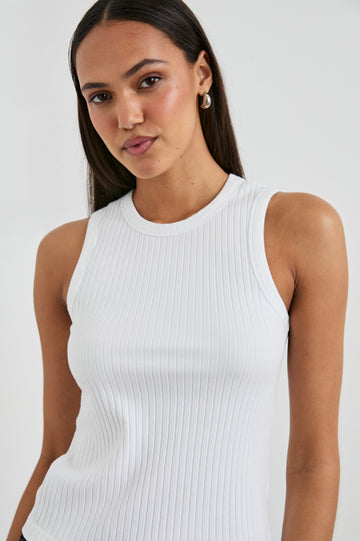 The Racer Ribbed Tank with a Crew Neckline in White Colorway - Front View Featured on Model