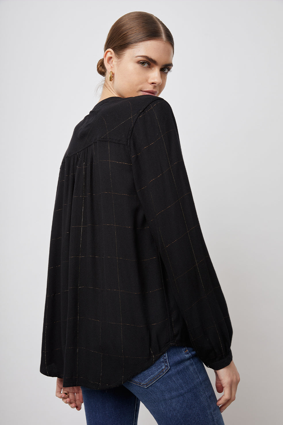 Eloise Long-Sleeve Button Up with an Open Collar in Ebony Tinsel Colorway, a plaid - Back View Featured on Model