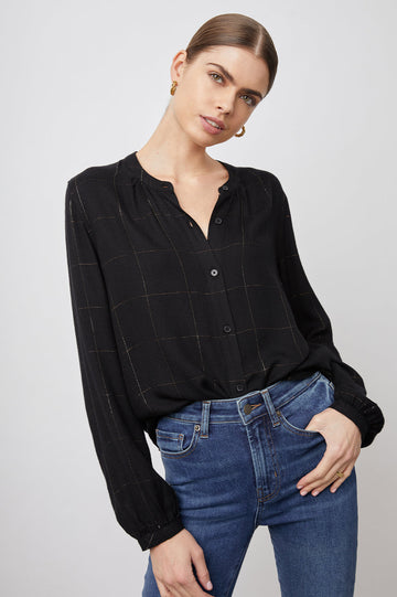 Eloise Long-Sleeve Button Up with an Open Collar in Ebony Tinsel Colorway, a plaid - Front Tucked View Featured on Model