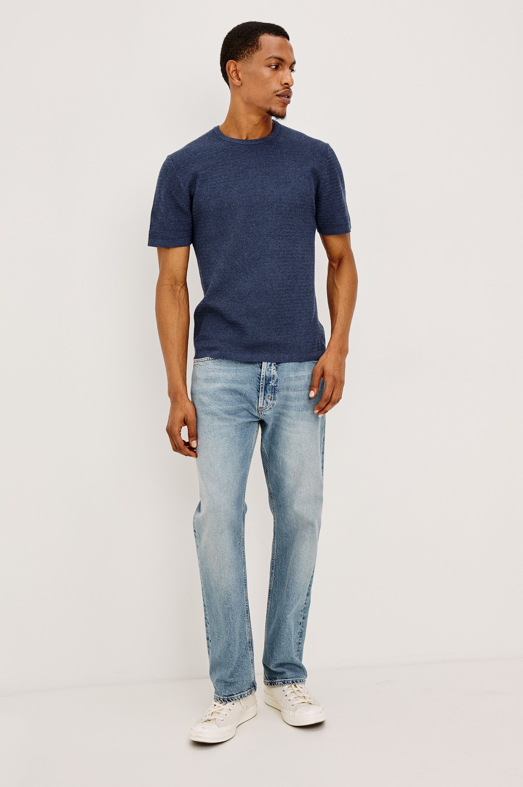 Theo T-Shirt in Ribbed Cotton-Cashmere With Crew Neckline, Short Sleeves, and Classic Fit in Harbour Colorway - Ful body Front View Featured on Model