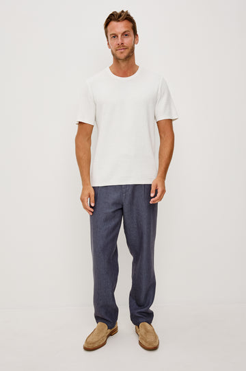 Theo T-Shirt in Ribbed Cotton-Cashmere With Crew Neckline, Short Sleeves, and Classic Fit in Porcelain Colorway - Full Body Front View Featured on Model