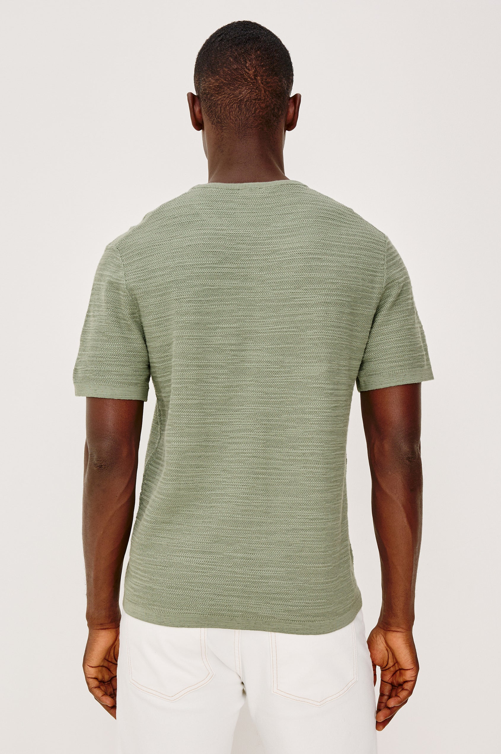 Theo T-Shirt in Ribbed Cotton-Cashmere With Crew Neckline, Short Sleeves, and Classic Fit in Silver Sage Colorway - Upper Body Back View Featured on Model