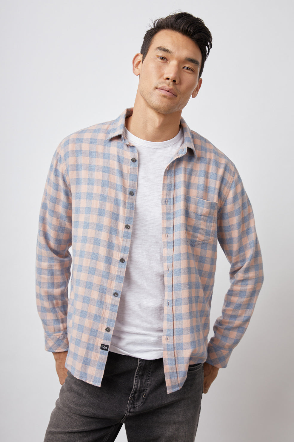 LENNOX SHIRT - PEACH DENIM MELANGE- FRONT UNBUTTONED