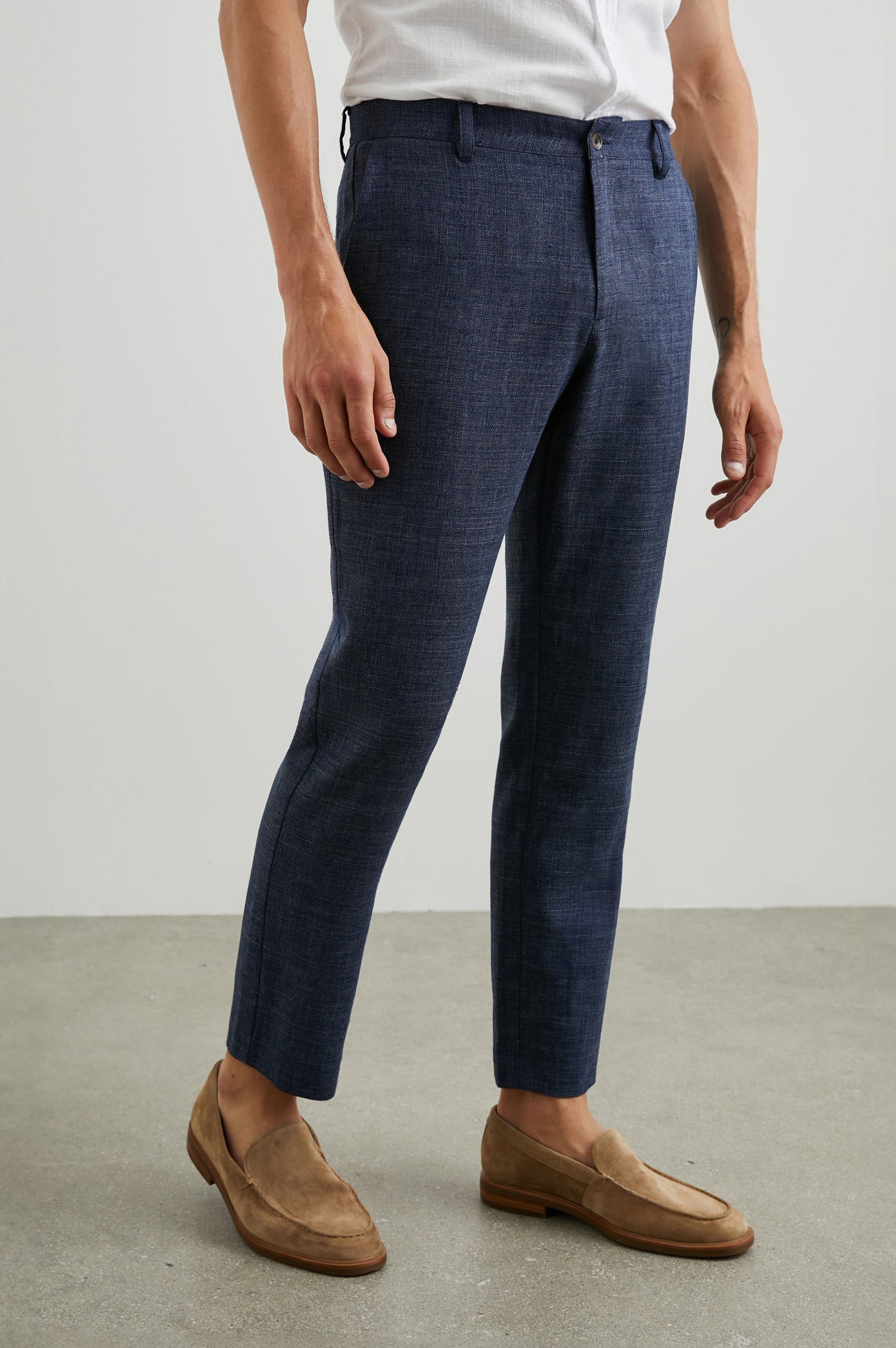 Thomas Pants with Two Front Pockets, Two Back Welt Pockets and Belt Loops in Navy Melange Colorway - Front View Featured on Model