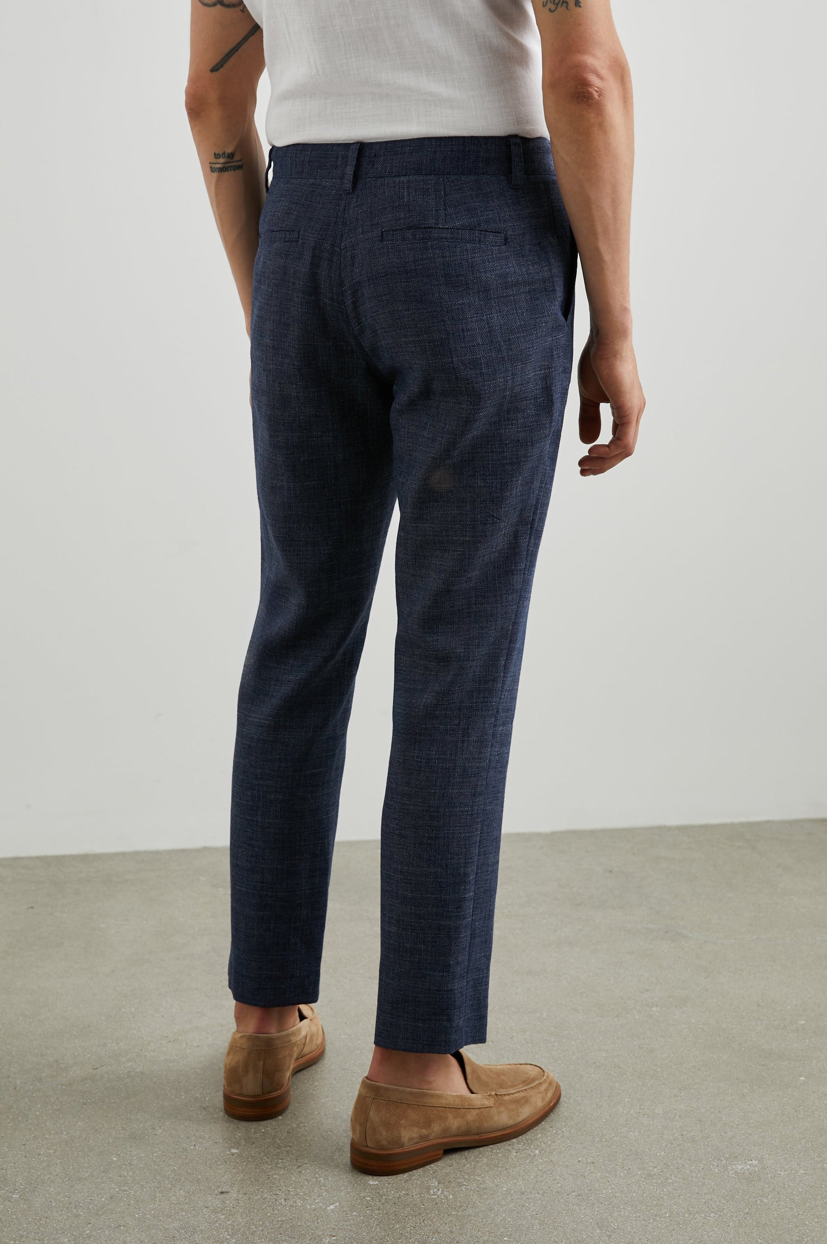 Thomas Pants with Two Front Pockets, Two Back Welt Pockets and Belt Loops in Navy Melange Colorway - Back View Featured on Model