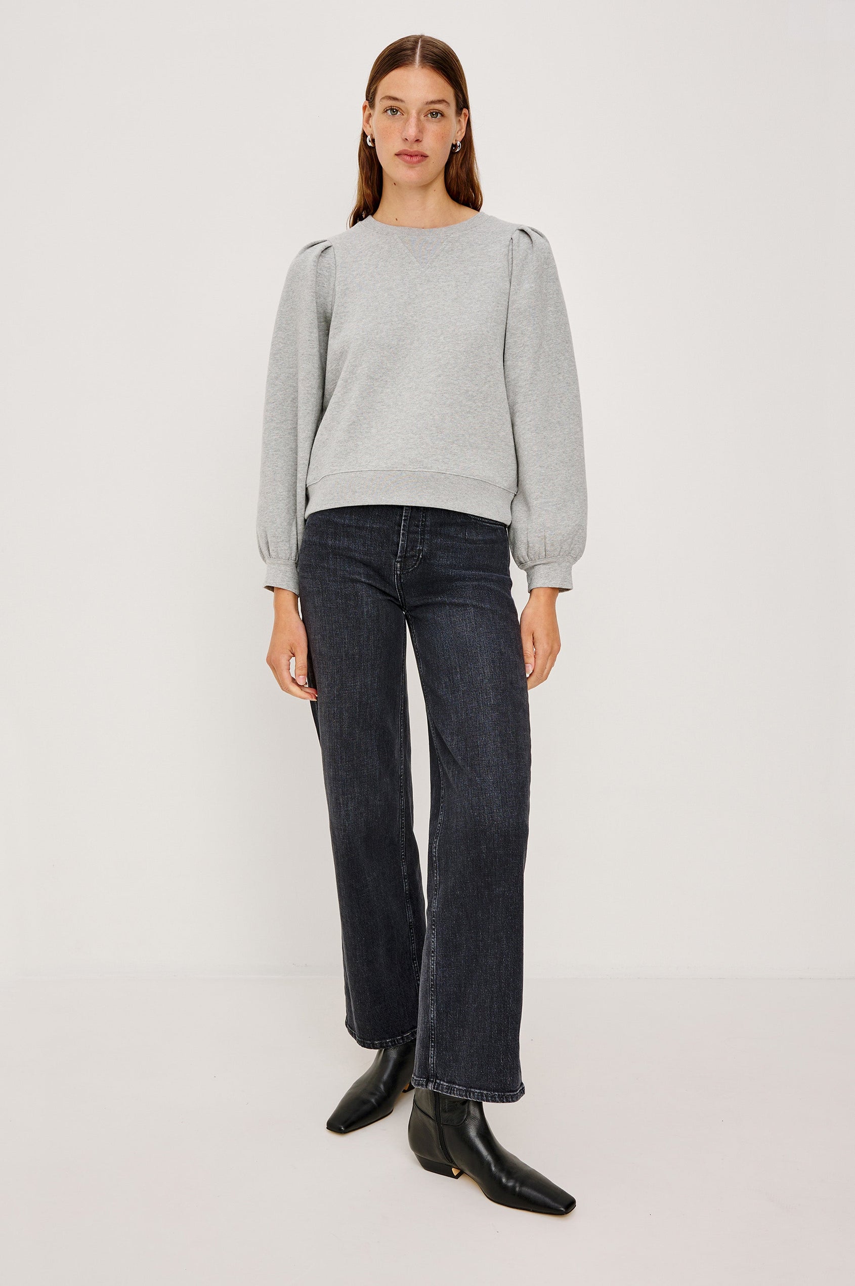 Tiffany Long-Sleeve Sweatshirt with a Crew Neck and Deep Pleated Sleeves in Heather Grey Colorway - Full body Front View Featured on Model
