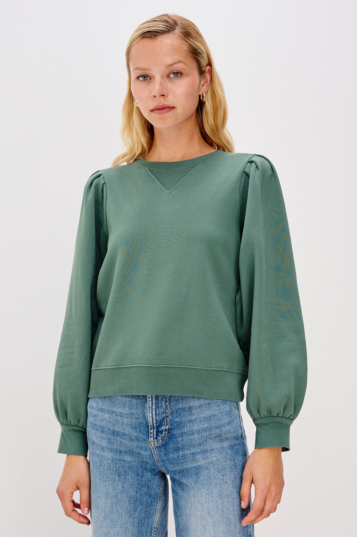 Tiffany Long-Sleeve Sweatshirt with a Crew Neck and Deep Pleated Sleeves in Lake Colorway - Front View Featured on Model