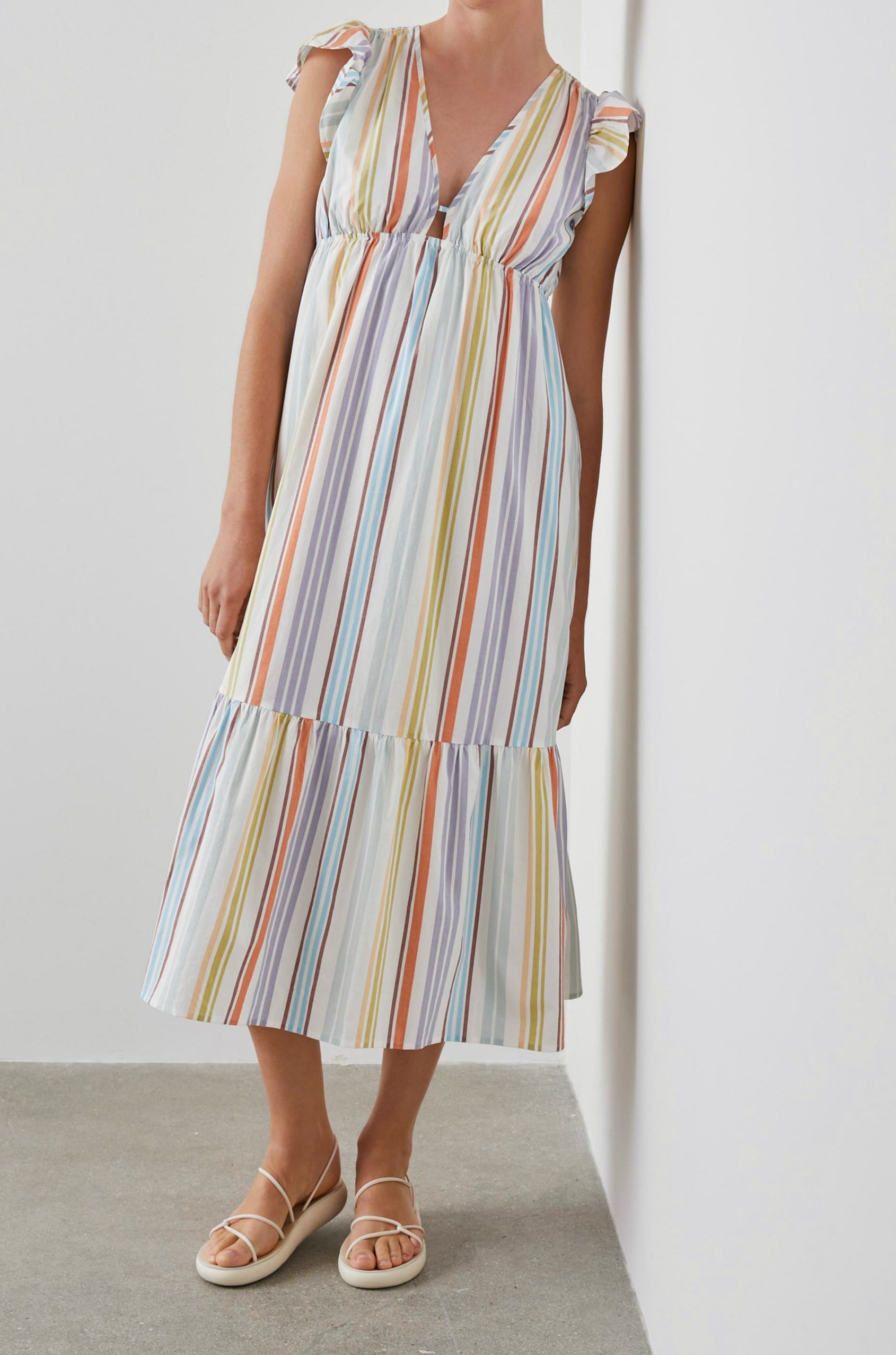 Tina Short Sleeve Midi Dress with Flutter Sleeves, a Deep V Neck with a Cutout and a Tiered Skirt in Oasis Stripe Colorway, Vertical Stripes in Green, Oranges, Purple and Blues on White - Front Full Body View Featured on Model 