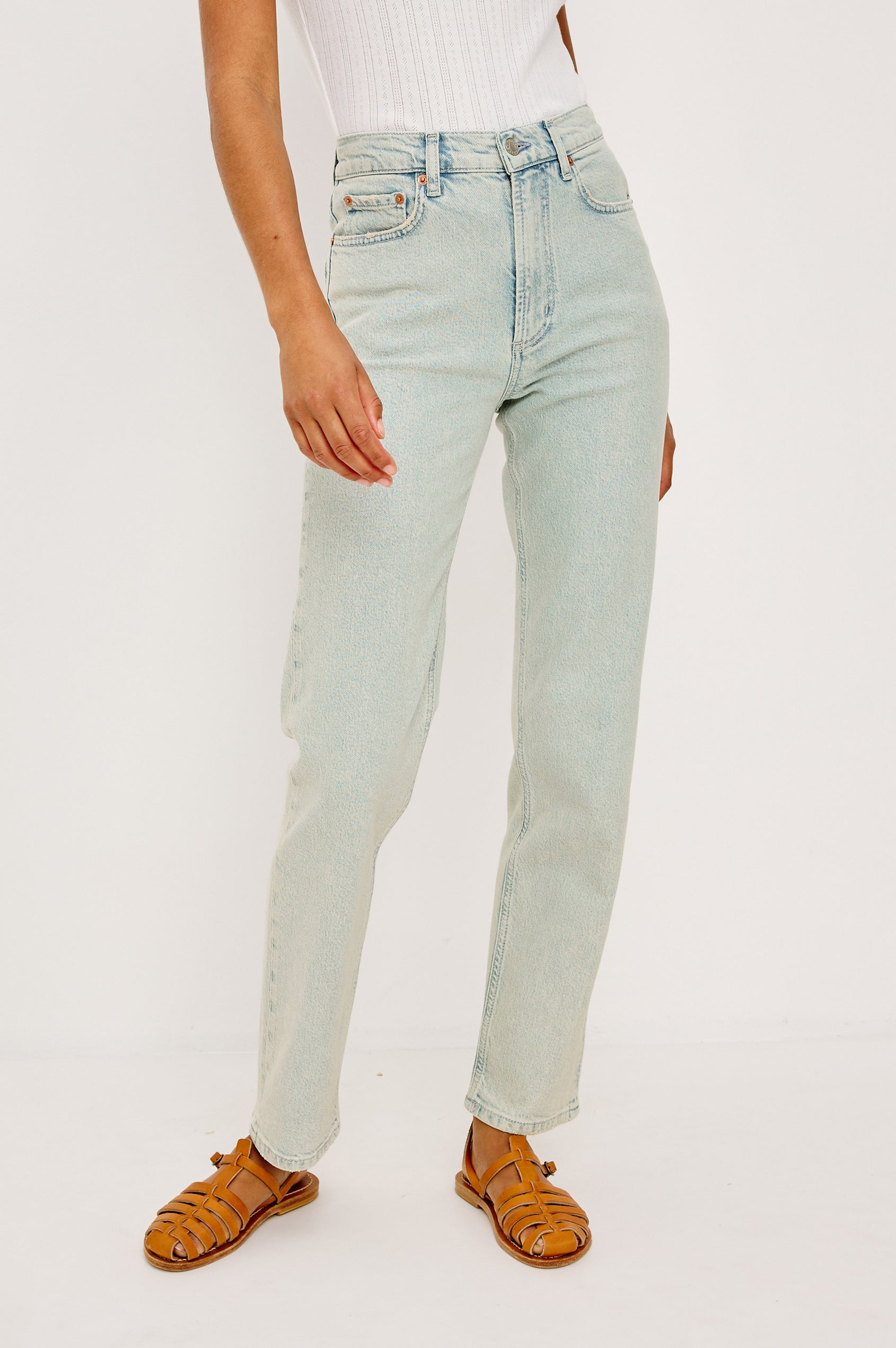 Topanga Straight Jean in Comfort Stretch Denim With High-Rise, 5-Pockets, and Front Zip Fly in Blue Vine Colorway - Full Body Front View Featured on Model Sitting