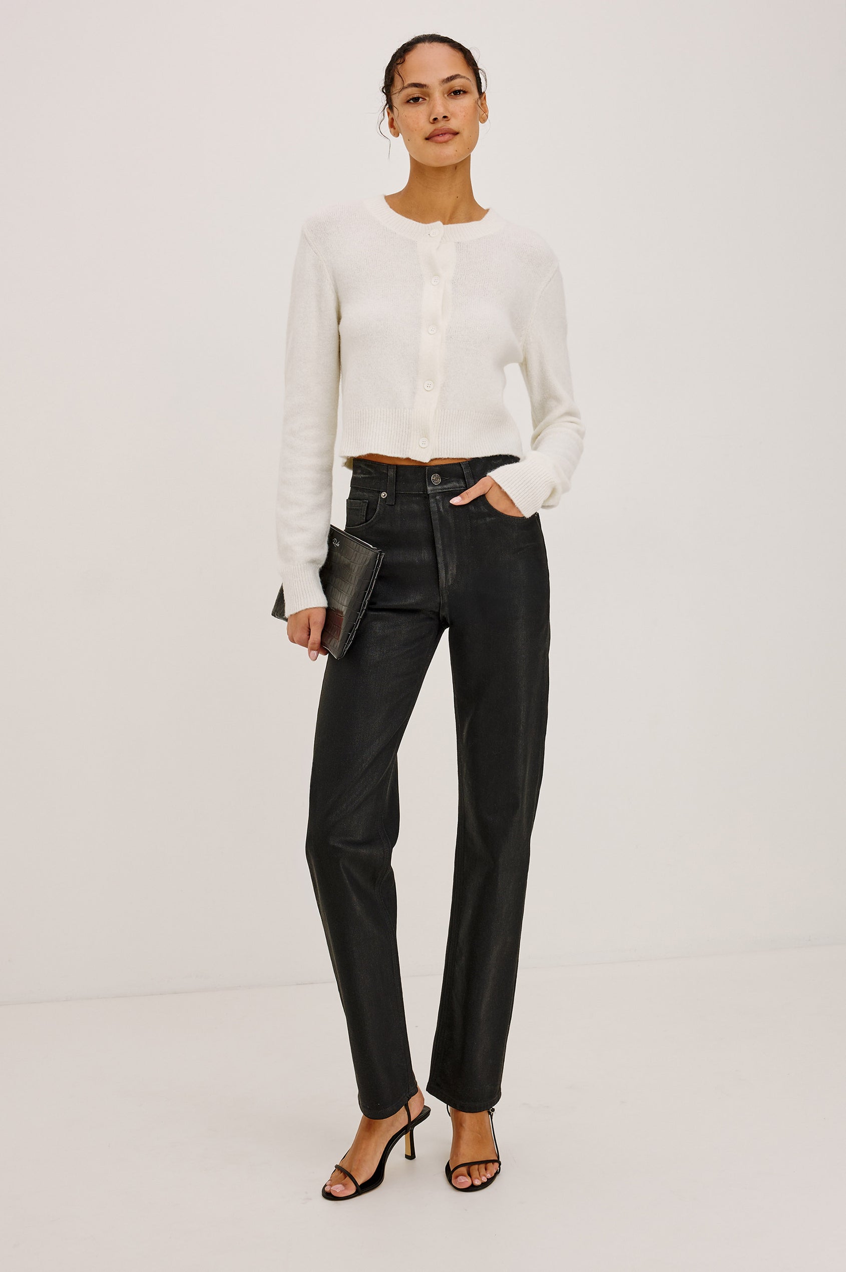 Topanga Straight Leg Jean in Coated Denim With High-Rise, 5-Pockets, and Zipper Fly in Coated Noir Colorway - Full Body Front View Featured on Model