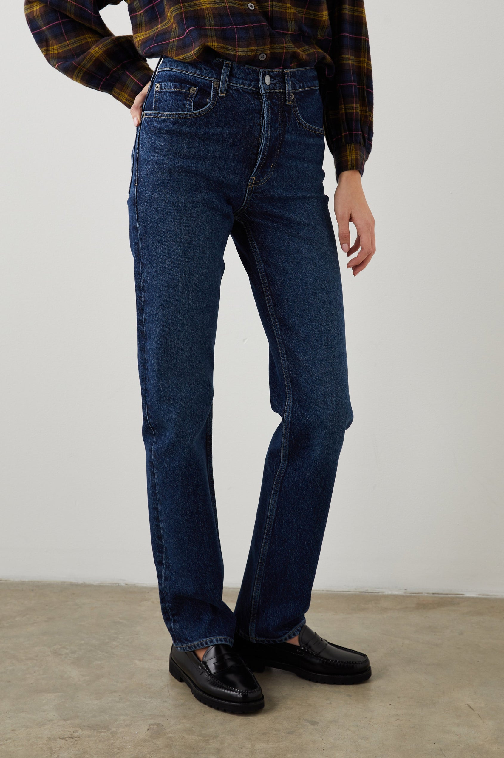 Topanga Straight Jeans with Belt Loops, Two Front Pockets plus a Coin Pocket and Two Back Patch Pockets in Collegiate Blue Colorway - Front View Featured on Model