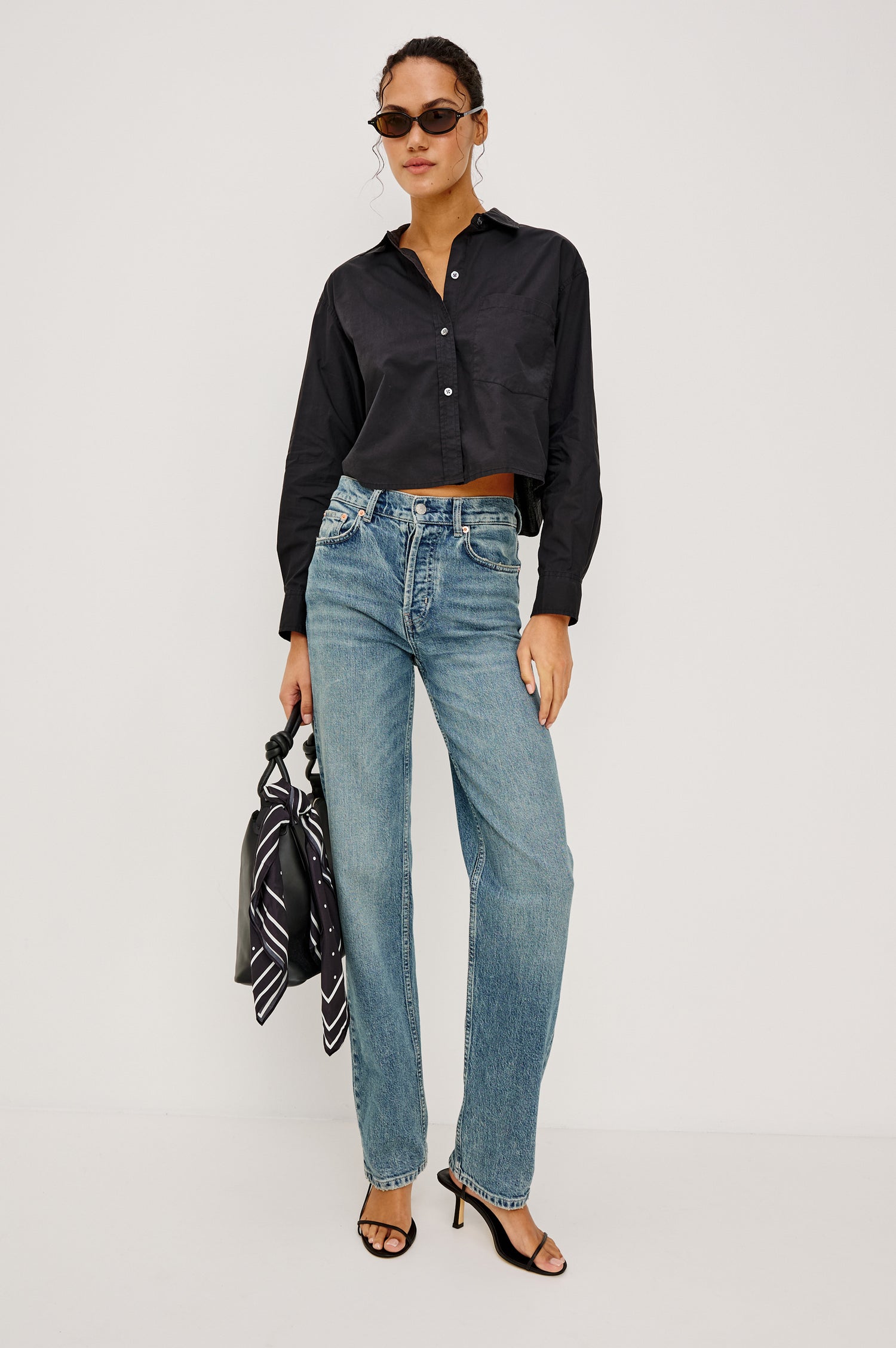 Topanga High-Rise Wide Straight Leg Jean in Denim With 5-Pockets and Front Zip-Fly in Desert Sky Colorway - Full Body Front View Featured on Model