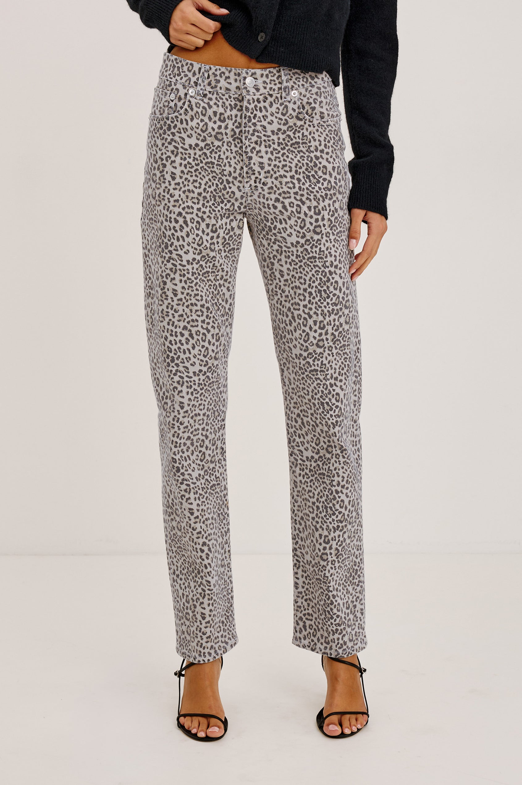 Topanga Straight Leg Jean in Comfort-Stretch Denim With High-Rise, 5-Pockets, and Zipper Fly in Ecru Cheetah Colorway - Lower Body Front View Featured on Model