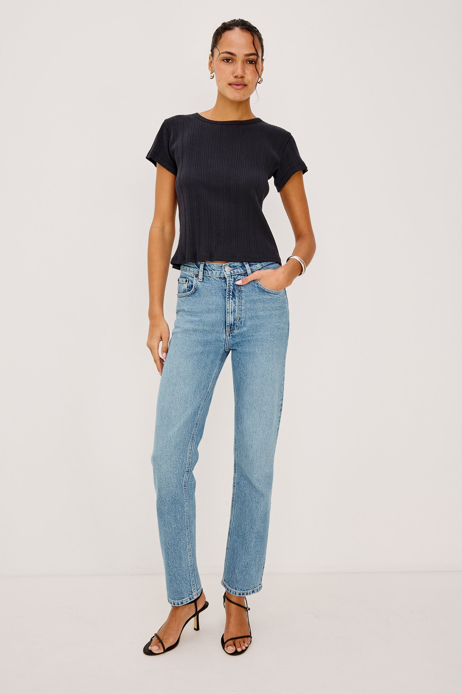 Topanga High-Rise Wide Straight Leg Jean in With 5-Pockets and a Front Zip-Fly in Old Indigo Colorway - Full Body Front View Featured on Model