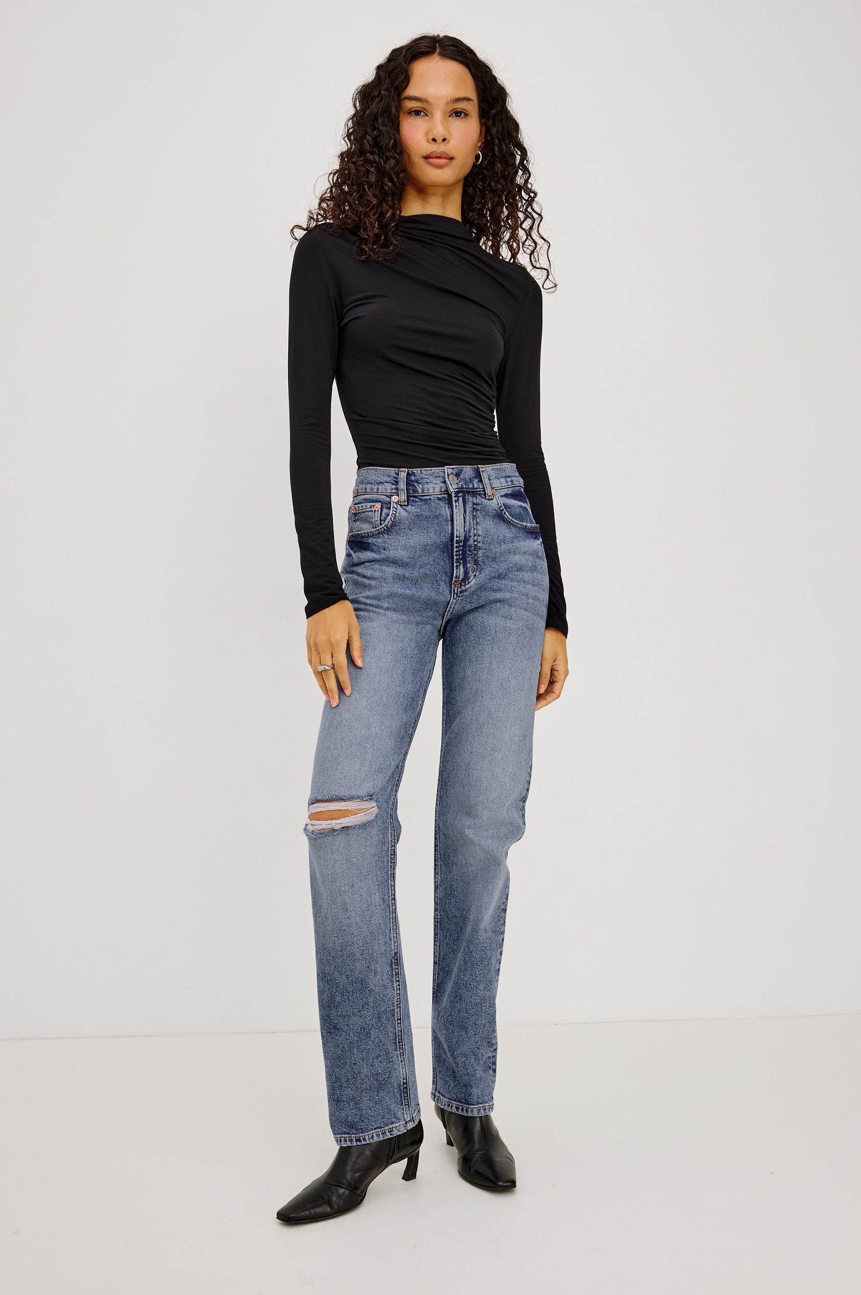 Topanga Straight Jean in Comfort-Stretch Denim With High-Rise, Distressed Knee, 5-Pockets, and Zipper Fly in Rancher Deconstructed Colorway - Full Body Front View Featured on Model