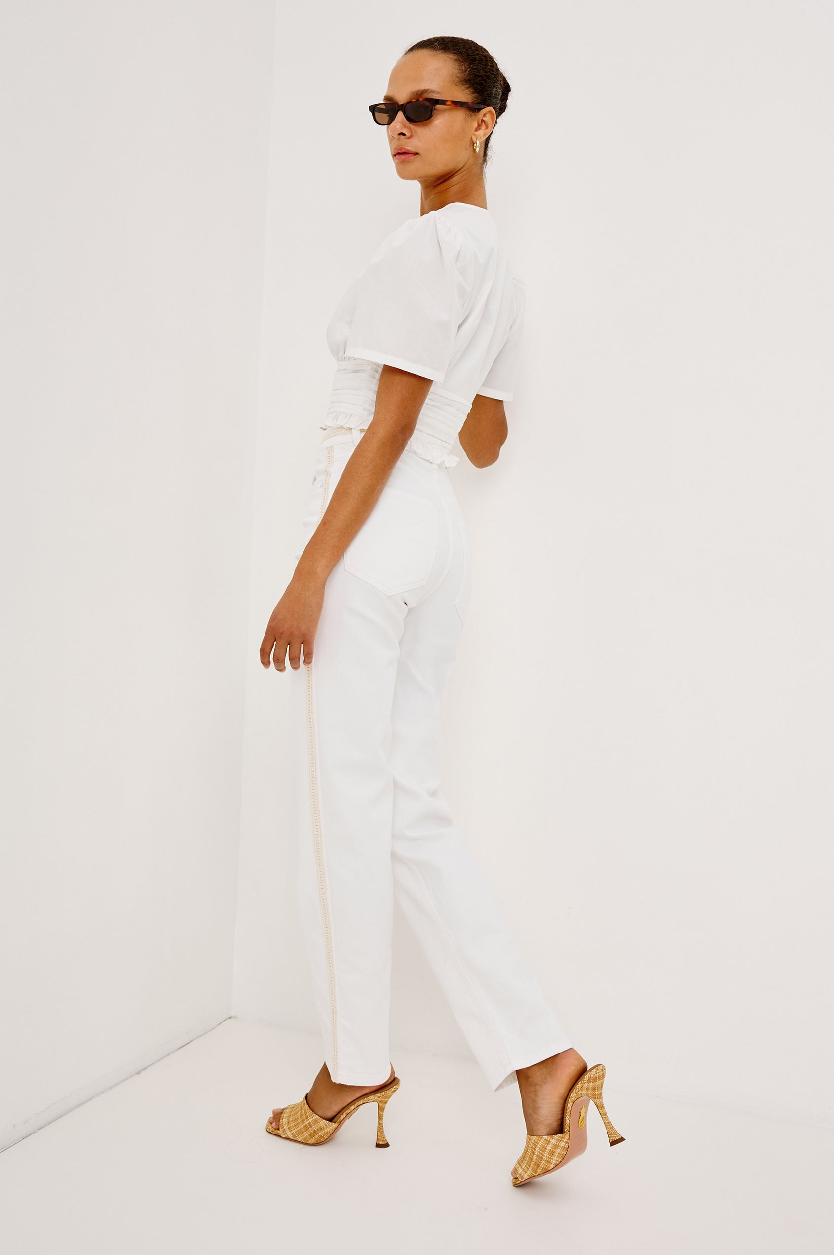 Topanga Straight Jean in Comfort Stretch Denim With High-Rise, 5-Pockets, and Front Zip Fly in Salte White Braided Colorway - Full Body Back View Featured on Model