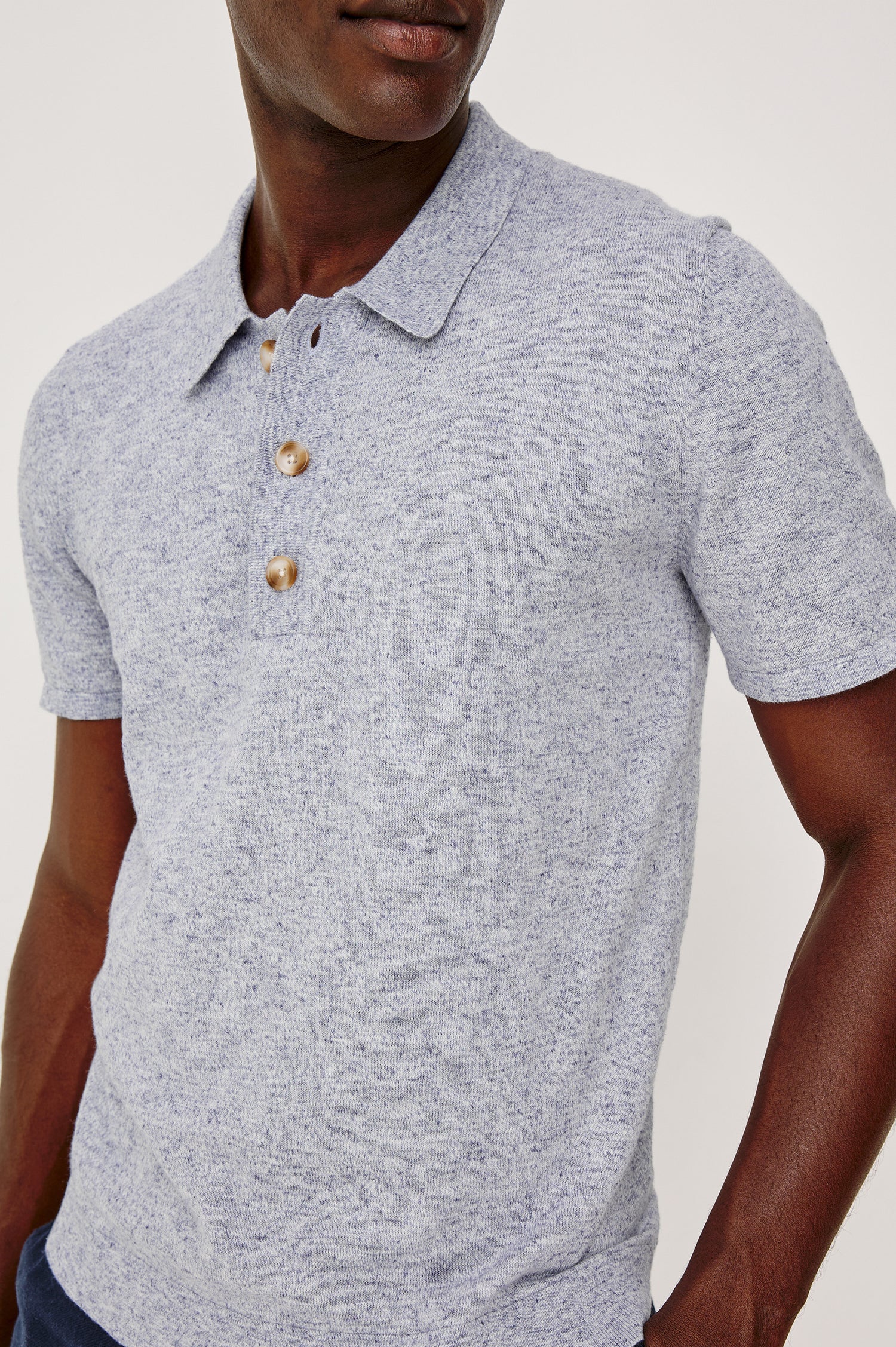 Torin Polo Shirt in Soft Heathered Jersey With Collar, Half Placket, and Short Sleeves in Tidal Haze Colorway - Upper Body Front Detail View Featured on Model