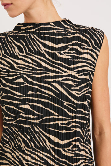 Trea Sleeveless Top with a Mock Neck and Pleated Texture in Cairo Colorway, a Black and Tan Tiger Stripe - Front View Featured on Model