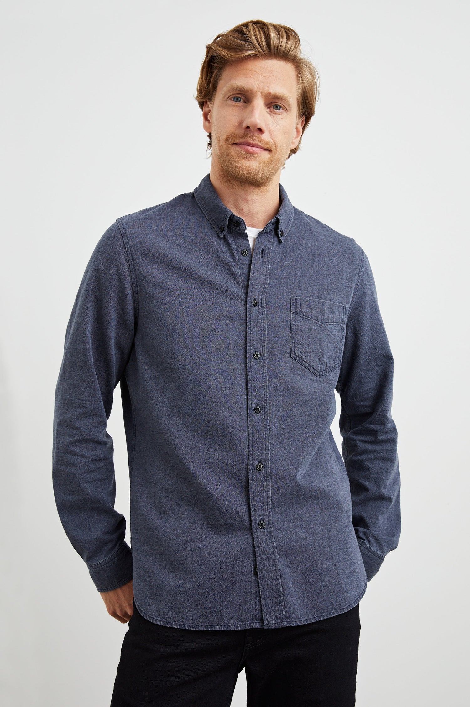 Tristan Long-Sleeve Button Down with a Chest Patch Pocket in Mountain Eclipse Colorway, a blue - Front View Featured on Model