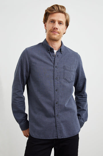 Tristan Long-Sleeve Button Down with a Chest Patch Pocket in Mountain Eclipse Colorway, a blue - Front View Featured on Model
