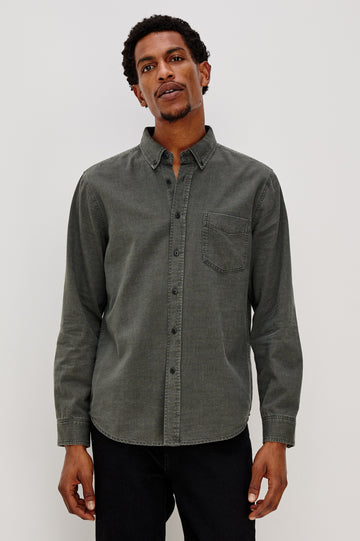 Tristan Long-Sleeve Button Down with a Chest Patch Pocket in Shadow Pass Colorway, a washed black/grey  - Front View Featured on Model