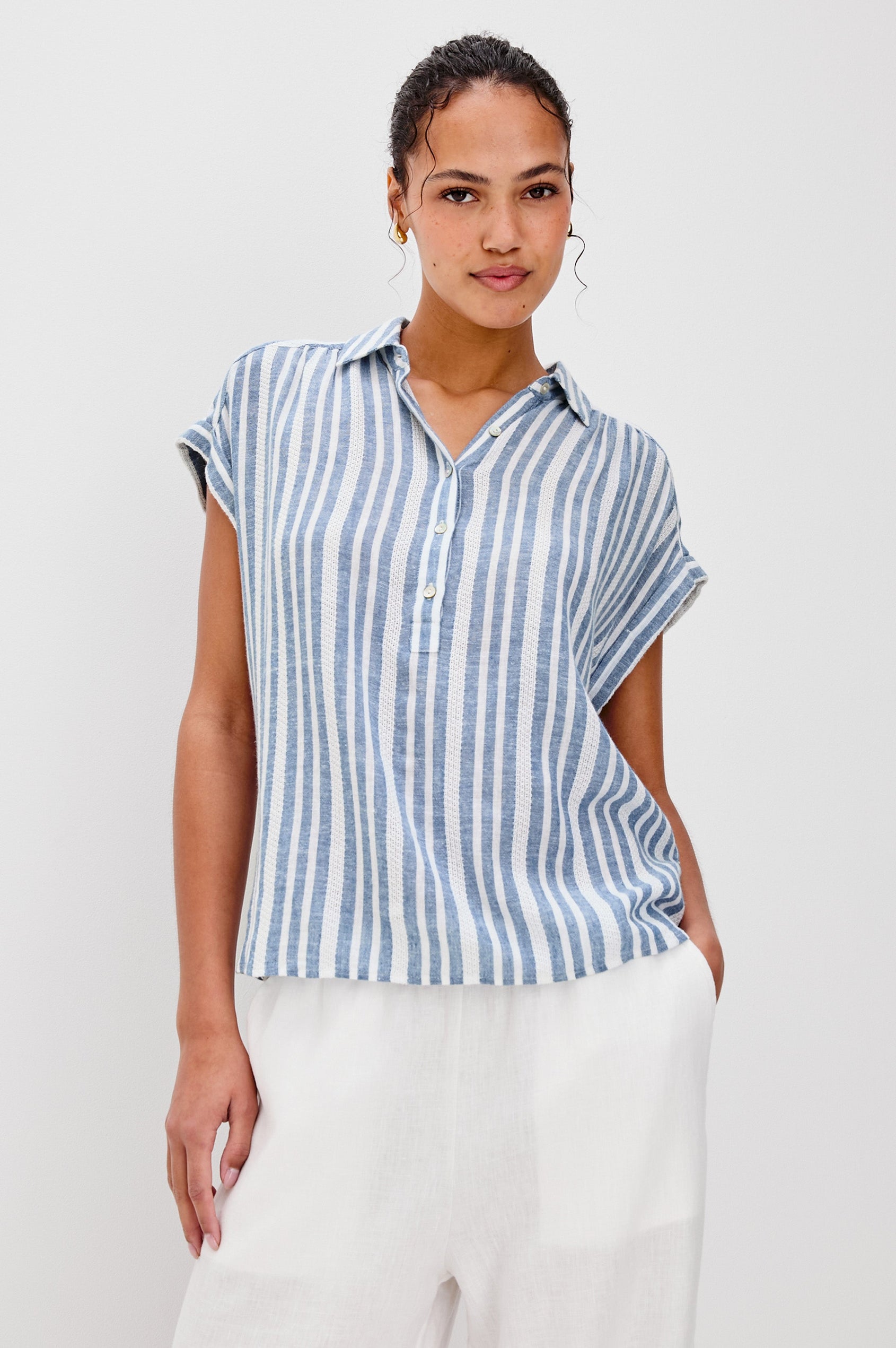 Tuscany Collared Half Button Front Shirt with Rolled Cuff Short Sleeves in Blue and White Jalisco Stripe Colorway. Front View Shown on Model.
