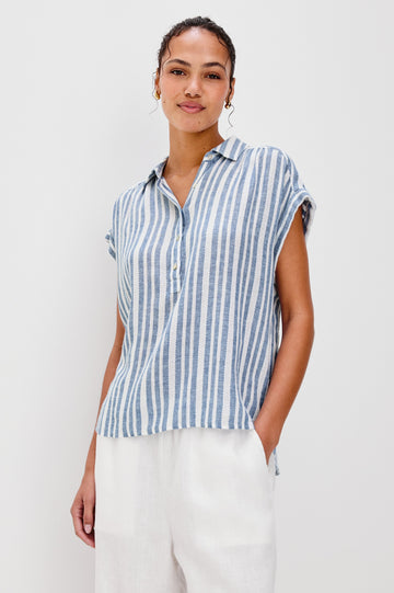 Tuscany Collared Half Button Front Shirt with Rolled Cuff Short Sleeves in Blue and White Jalisco Stripe Colorway. Front View Shown on Model.