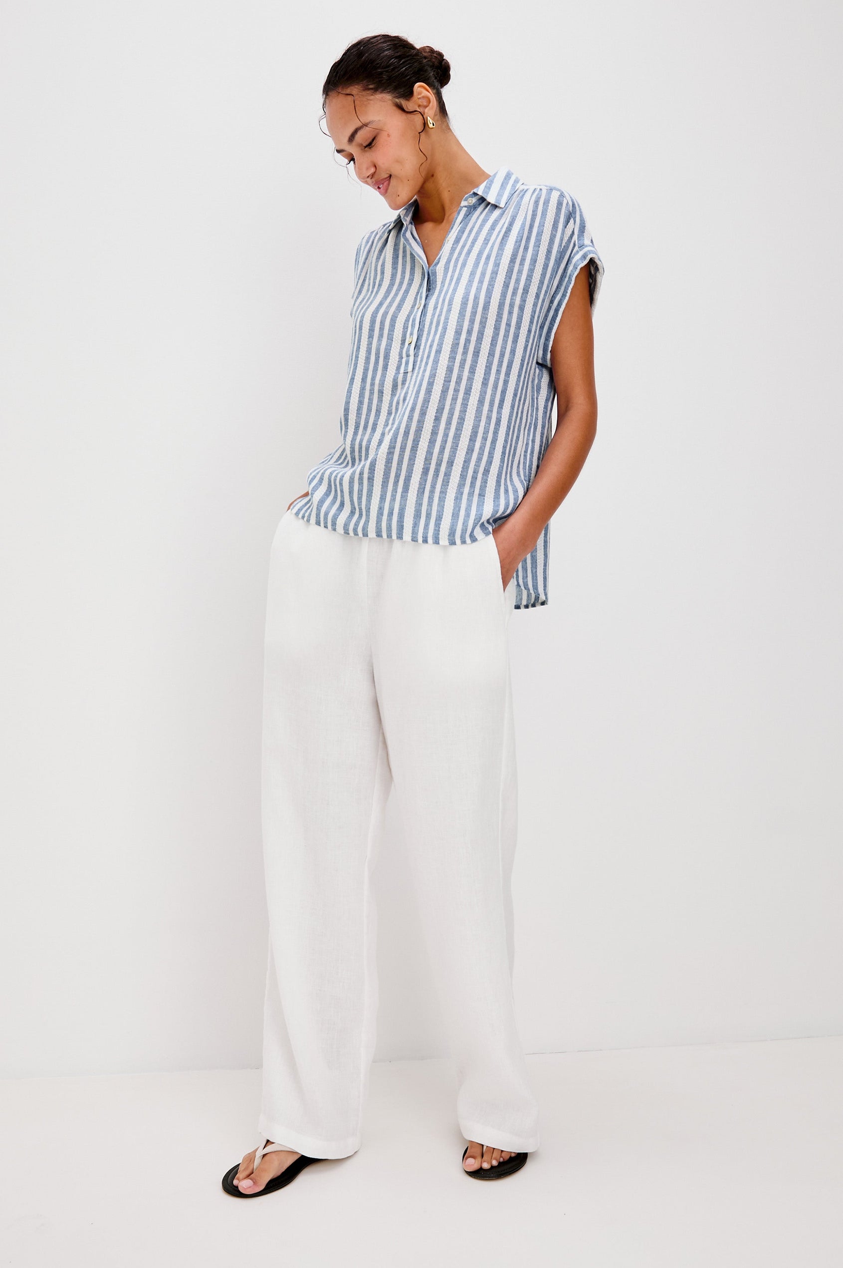 Tuscany Collared Half Button Front Shirt with Rolled Cuff Short Sleeves in Blue and White Jalisco Stripe Colorway. Full Body Front View Shown on Model.