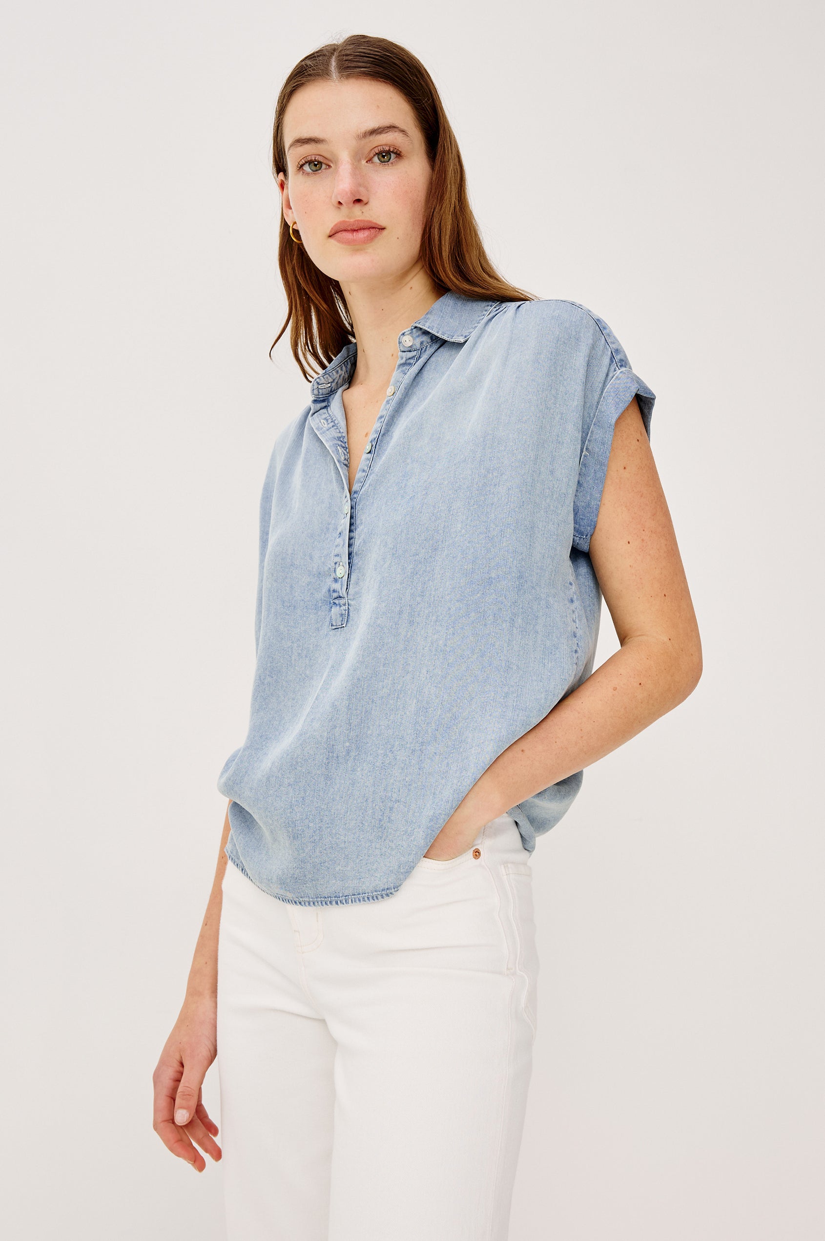 Tuscany Top in Luxe Linen With Relaxed Fit, Cuffed Cap Sleeves, Collar, Half Front Placket in Washed Blue Colorway - Upper Body View Featured on Model
