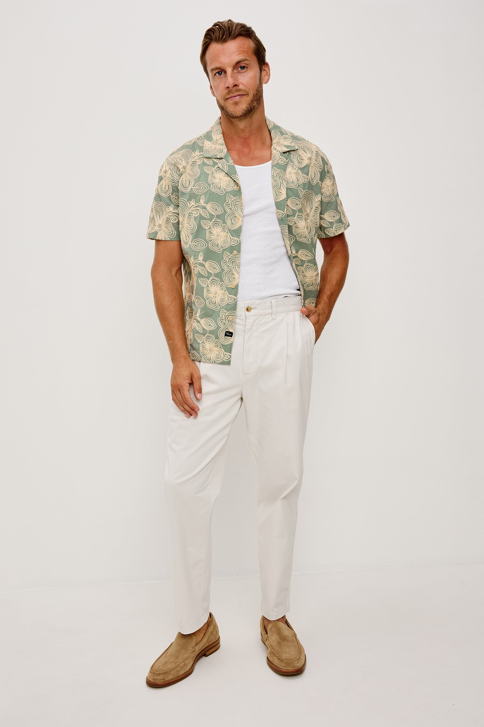 Tyler Shirt in Stretch Cotton With Floral Jute Embroidery, Front Buttons, Notched Collar, Short Sleeves, and Classic Fit in Floral Rope Jade Colorway - Full Body Front View Featured on Model