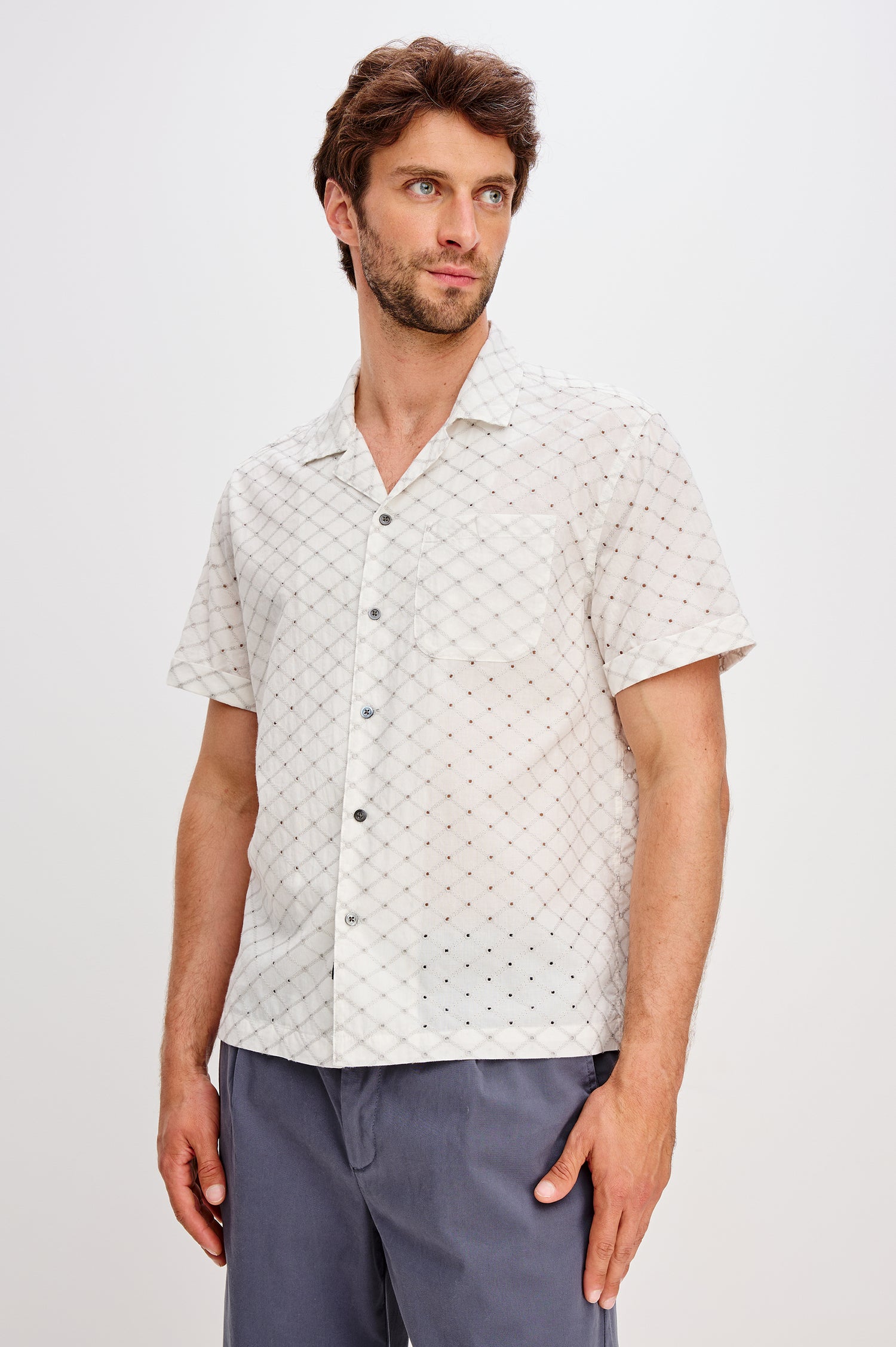 Tyler Shirt in Stretch Cotton With Floral Jute Embroidery, Front Buttons, Notched Collar, Short Sleeves, and Classic Fit in Silver Bone Diamond Colorway - Upper Body Front View Featured on Model
